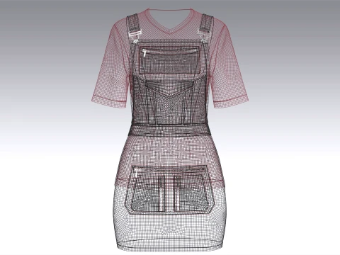 Girls V-Neck Tshirt With Pinafore Skirt Dress 3D Model