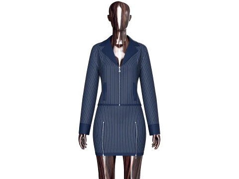 Girls Zip Up Striped Lapel Jacket With Skirt - Outfit 3D 模型