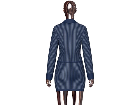 Girls Zip Up Striped Lapel Jacket With Skirt - Outfit 3D Model