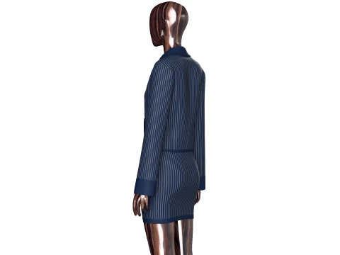Girls Zip Up Striped Lapel Jacket With Skirt - Outfit 3D Model