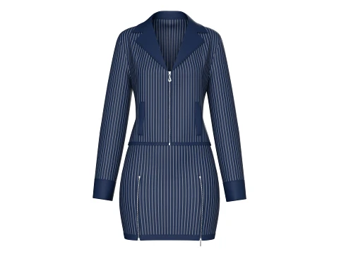 Girls Zip Up Striped Lapel Jacket With Skirt - Outfit 3D Model