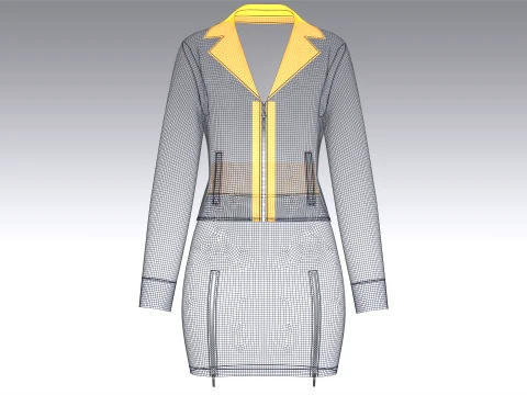 Girls Zip Up Striped Lapel Jacket With Skirt - Outfit 3D Model