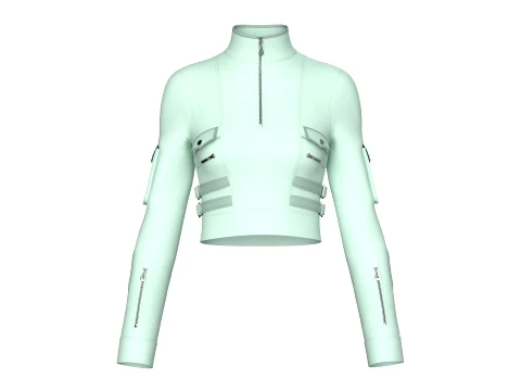Girls Half-Zip Tactical Buckled Crop Jacket 3D Model