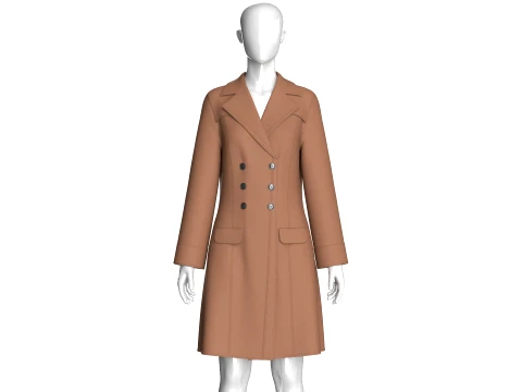 Braunes zweireihiges langes Mantelkleid f&uuml;r M&auml;dchen 3D Modell