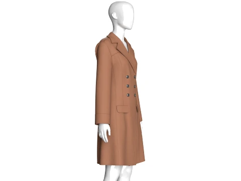 Girls Brown Double-Breasted Long Coat Dress 3D Model