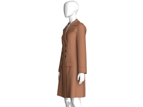 Girls Brown Double-Breasted Long Coat Dress 3D Model