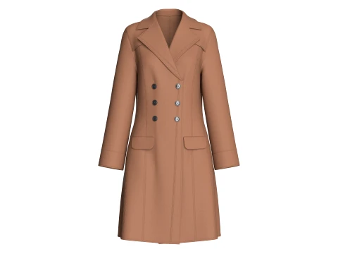 Girls Brown Double-Breasted Long Coat Dress 3D Model
