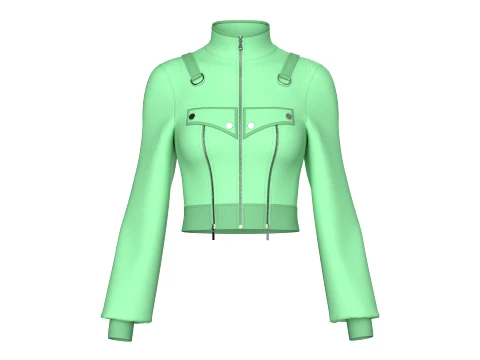 Taktische Crop-Jacke f&uuml;r M&auml;dchen mit durchgehendem Rei&szlig;verschluss und hohem Kragen 3D Modell