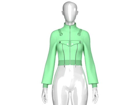 Girls Full Zip High Neck Tactical Crop Jacket 3D Model