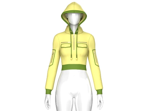 Girls Half-Zip Tactical Crop Hoodie With Pocket 3D Model