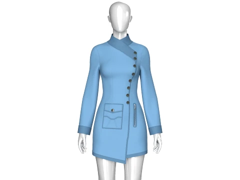 M&auml;dchen-Mantelkleid mit Stehkragen und diagonalen Kn&ouml;pfen 3D Modell