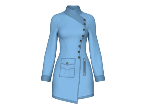 Girls High Neck Diagonal Buttons Coat Dress 3D Model
