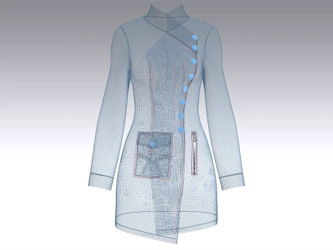 Girls High Neck Diagonal Buttons Coat Dress 3D Model