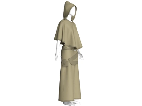 Girls Hooded Cape Top With Belted Skirt-Outfit 3D Model