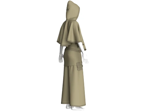 Girls Hooded Cape Top With Belted Skirt-Outfit 3D Model