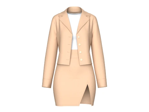 Girls Notch-Lapel Blazer With Front Slit Skirt 3D Model
