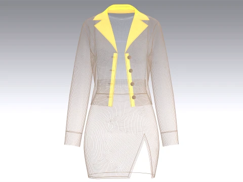 Girls Notch-Lapel Blazer With Front Slit Skirt 3D Model
