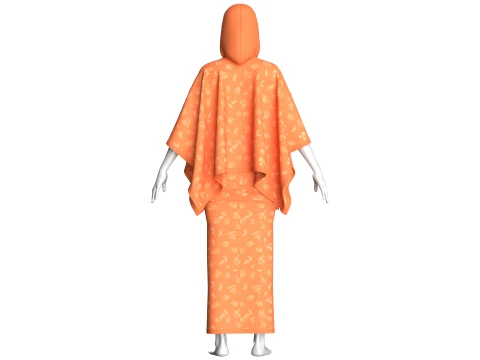 Girls Printed Hooded Cape Top With Skirt-Outfit 3D Model