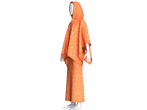 Girls Printed Hooded Cape Top With Skirt-Outfit 3D Model