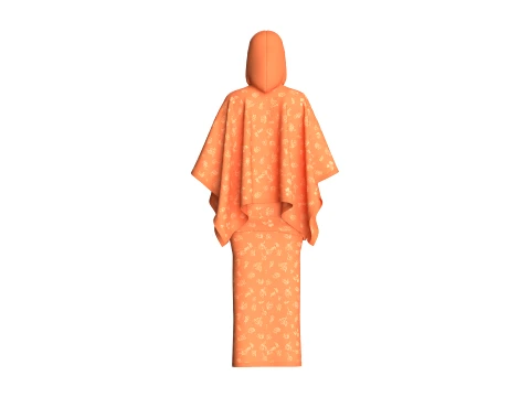 Girls Printed Hooded Cape Top With Skirt-Outfit 3D Model