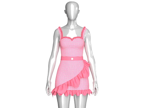 Girls Check Ruffled Top With Skirt - Outfit 3D Modell