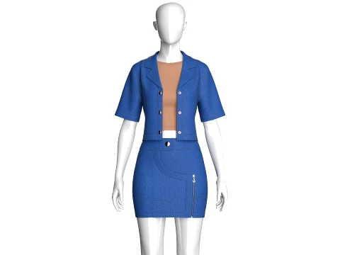 Girls Short Sleeve Denim Jacket With Skirt Outfit 3D Model