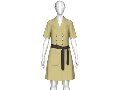 Girls Short Sleeve Double Breasted Coat Dress 3D Model