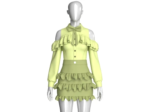 Girls Cold Shoulder Ruffle Top With Skirt - Outfit 3D Model
