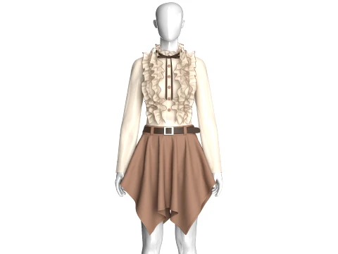 Girls Long Sleeve Frill Bib Top With Skirt - Outfit 3D Model