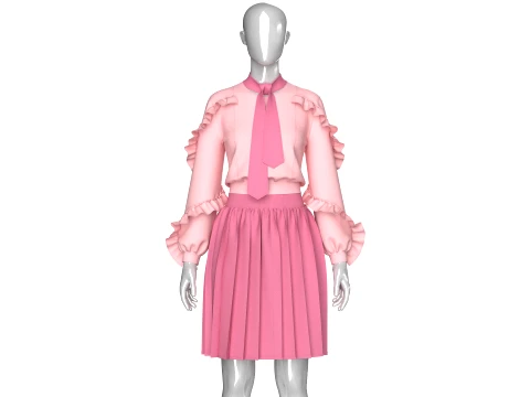 Girls Long Sleeve Ruffle Top With Pleated Skirt - Outfit 3D Model
