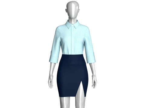 Girls Striped Button Up Shirt With Front Slit Skirt - Outfit 3D Model