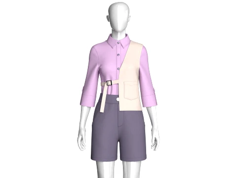 Girls Vest Overlay Shirt With Shorts - Outfit 3D Model