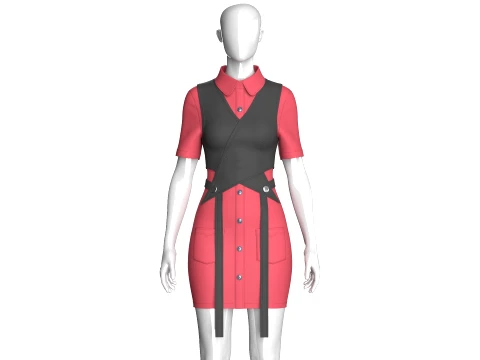 Girls Cross Wrap Vest With Button-Up Shirt Dress 3D Model