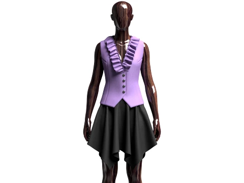 Girls Ruffled Buttoned Vest With Skirt - Outfit 3D Model