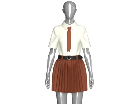Girls Tie Shirt With Pleated Skirt - Outfit 3D Model