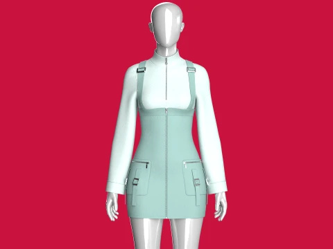 Girls Utility Overall Skirt With Half-Zip Top 3D Model