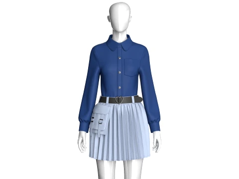 Girls Belted Utility Pleated Skirt With Shirt - Outfit 3D Model