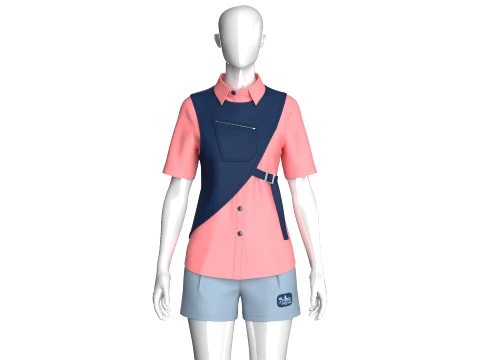 Girls Button Up Shirt With Shorts - Outfit 3D Model