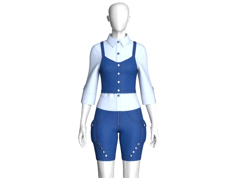 Girls Buttoned Bralette Overlay Shirt With Shorts 3D Model