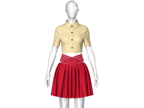 Girls Cross-Strap Waist Skirt With Cropped Shirt 3D Model