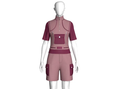 Girls Half Zip Vest T-shirt With Cargo Shorts 3D Model