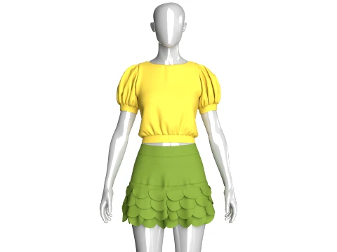 Haut court &agrave; manches bouffantes pour filles avec mini-jupe Modèle 3D