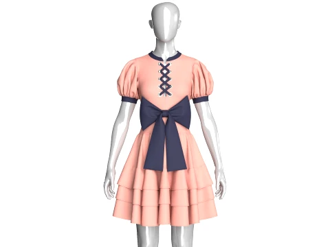 Girls Front Lace-Up Puff Sleeve Tiered Mini Dress Modello 3D