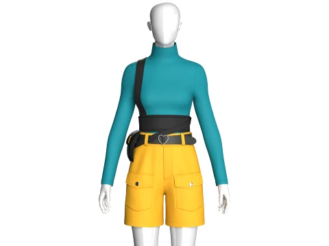 Girls High Neck Top With Cargo Shorts - Outfit 3D Model