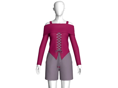Kız &Ccedil;ocuk D&uuml;ş&uuml;k Omuzlu Bağcıklı Şortlu &Uuml;st 3D Model