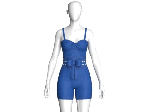 Girls Sweetheart Neck Denim Romper With Eyelet Modelo 3D