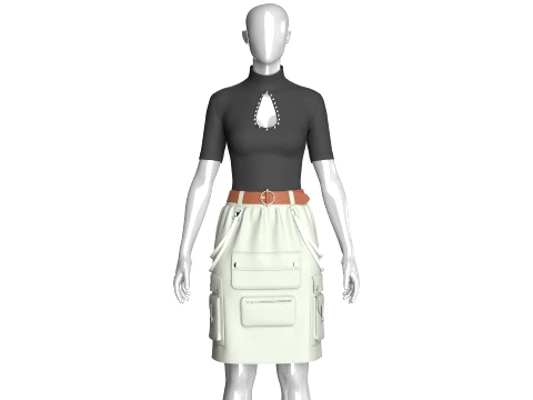 Girls High-Neck Cutout Top With Cargo Skirt 3D मॉडल