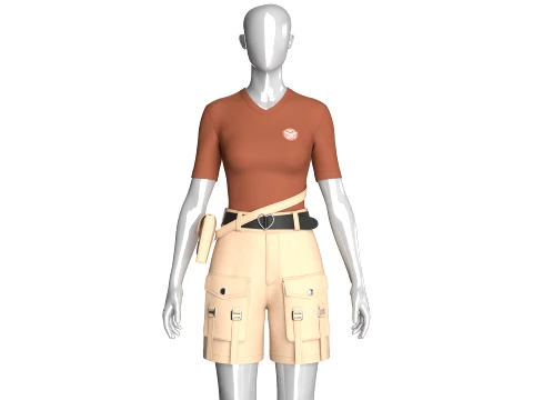 Girls V-Neck Top And Cargo Shorts With Belt Modèle 3D