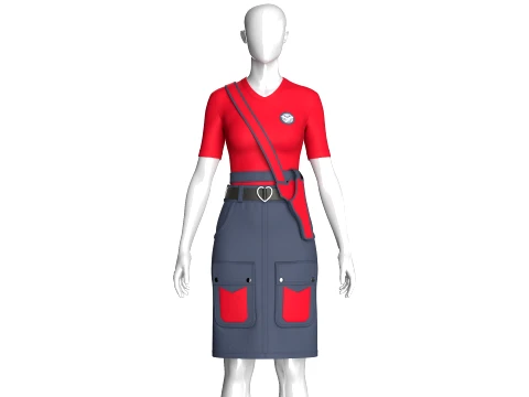 Girls V-Neck Top With Tactical Cargo Skirt Modèle 3D