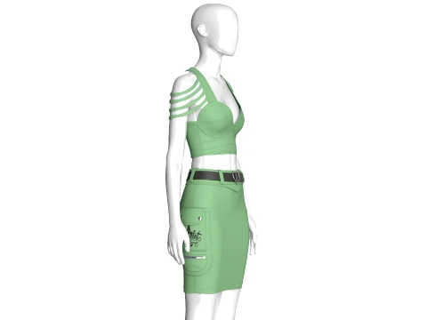 Girls Shoulder Strap Crop Top With Cargo Skirt 3D Model